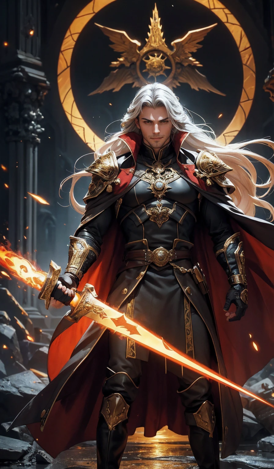 Full-size, full body image Create a highly detailed fantasy portrait of an sorceress fantasy scene featuring a powerful figure standing against a glowing, mystical golden backdrop. image of a tall, ethereal male warrior with long silver hair flowing elegantly and piercing, glowing blue eyes. He has an imposing presence, dressed in a dark, futuristic black leather coat with silver buckles and intricate details on the shoulders and forearms. His muscular build is visible as his attire exposes his toned chest, with faint scars adding to his battle-worn look. The character carries a long, slender katana blade with an ornate handle, glowing subtly as if imbued with otherworldly power. His surroundings are dark and dramatic, set inside a gothic cathedral with tall stained-glass windows casting soft light, creating an eerie yet powerful atmosphere. The character exudes confidence, strength, and a villainous grace, standing in a combat-ready posture while his coat flows naturally. The image should be hyper-detailed, capturing a mix of fantasy and futuristic aesthetics, in a style similar to high-quality anime or fantasy game art, 
The background with a close up of a large red and golden circular portal behind the figure is massive, radiating fiery flame energy with glowing arcane symbols, intricate patterns, and radiant light resembling magical runes etched into the surface. The atmosphere is fiery, with swirling dark clouds, glowing embers, and mystic energy cracks spreading across the ground and sky. The composition blends dark fantasy and high-fantasy flame elements, emphasizing an apocalyptic, magical ambiance with glowing golden and red crimson tones. The environment is a war-torn battlefield, with flowing energy trails and dramatic lighting highlighting the power of the figure, flame spell circle,