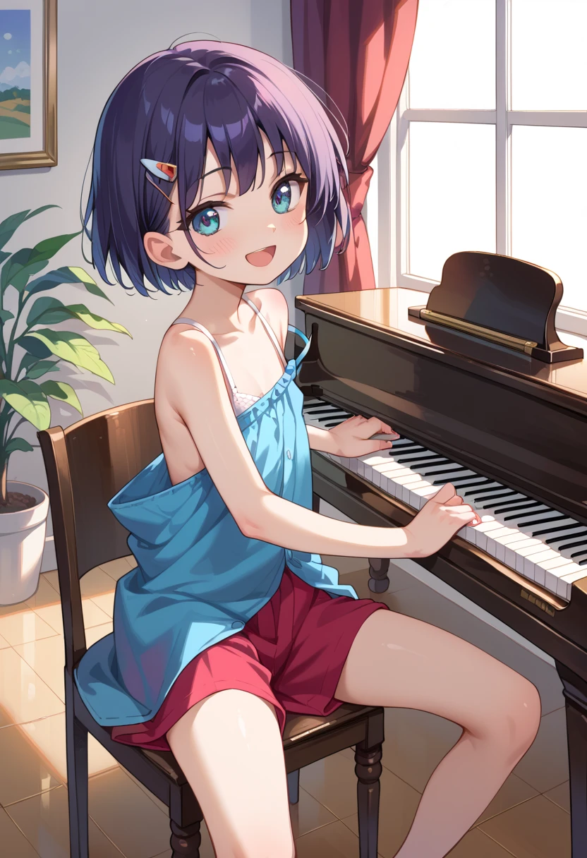 (( top quality )), ((masterpiece)), (be familiar with),  perfect face, indoor, bedroom,  watching viewers,
One woman, Mikazuki Kan,
 open mouth,  ecstatic expression beside the piano, blush, smile,
 small ,  flat chest, Young girl, Lori,  kids,  girl,
Short Hair,  short hair,
Leg spread,