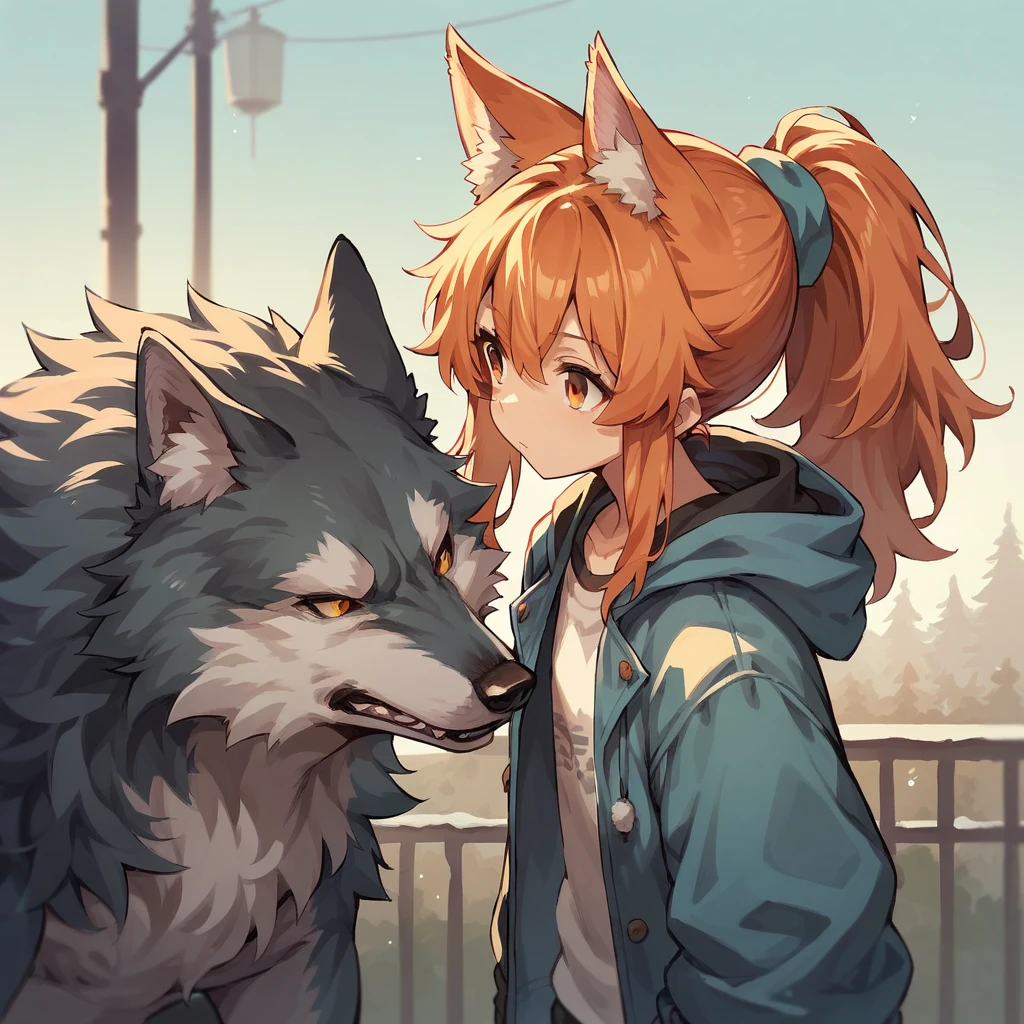 poncho,Wolf Girl,cool girl,red orange hair, ponytail,Fluffy hair,Large amount of hair, zitoida,fine,Young,