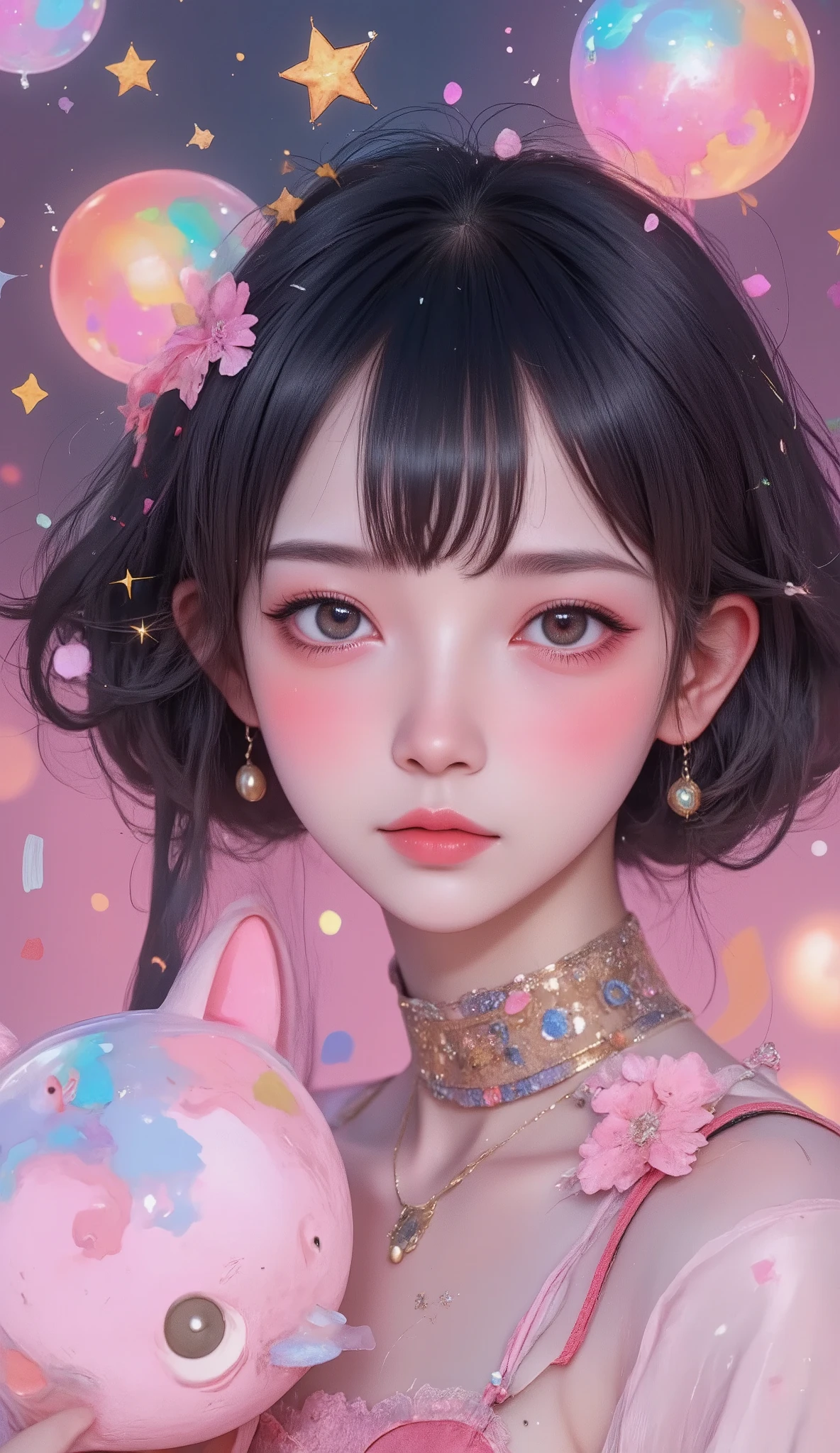 (( Masterpiece)). This piece of art is sweet, dreamer, y ethereal , With soft shades of pink watercolor and lots of ornate cotton candy details .. Intimate underwear, Generate a delicate and demure fae by exploring a (Bubblegum World with a wide variety of pastel tones).(Floating under) ,Its sweet face is extremely detailed and realistic with elegant features., A perfect mouth with puffy, kissable lips , It seems that ((((un elegant Micarah Tewers)))). Its lips are a uniform pink tone. Includes mature and impressive features ., Highly realistic eyes. Your eyes are important and should be realistic, , and beautiful. In high definition and detail , includes many details such as stars , galaxies, burbujas de colores, colorful petals , Dripping of bright paint, iridescence, and a lot of energy and emotion. The stars and the colorful chewing gum bubbles are important! Includes fantasy details., improved details, iridescence, colorful and bright wind, y polen. Pay special attention to your face and make sure it's beautifully detailed and realistic.... camera: This art is dreamy y ethereal and the camera should emphasize those traits....... Create something that is surprisingly beautiful with fairy-like tones. Use dynamic composition techniques .