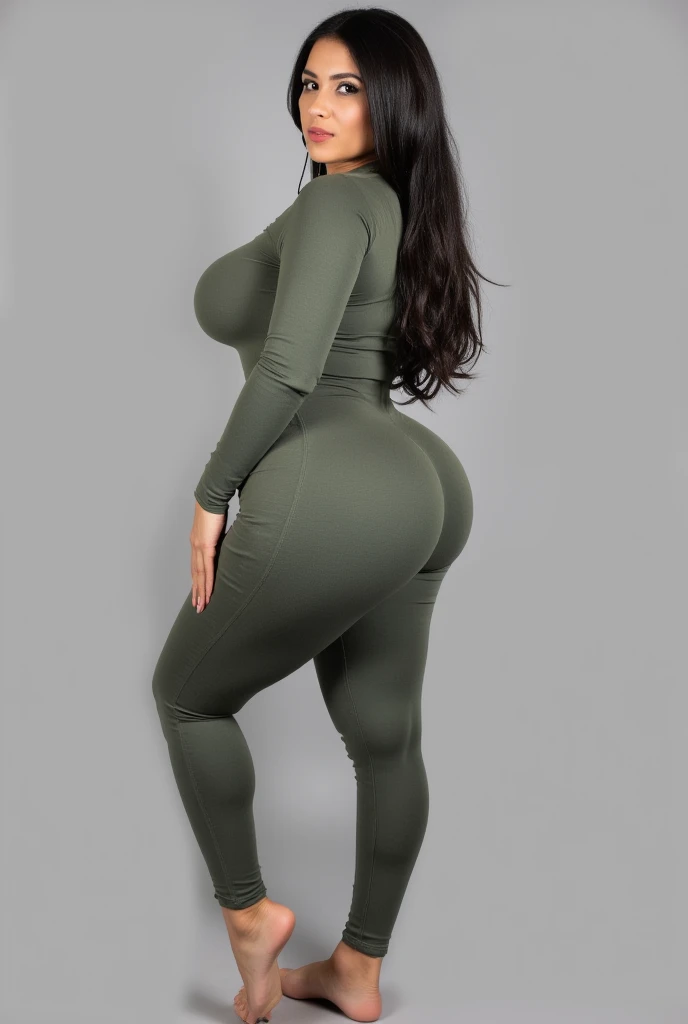 a woman in a green top and leggings posing for a picture, thicc, tight outfit, wearing tight suit, thick body, beautiful thick female, tight attire, thick, wide hips, skinny waist and thick hips, thick thigs, she has a jiggly fat round belly, curvy, wearing tight simple clothes, insanely inflated hips, curvy hourglass figure