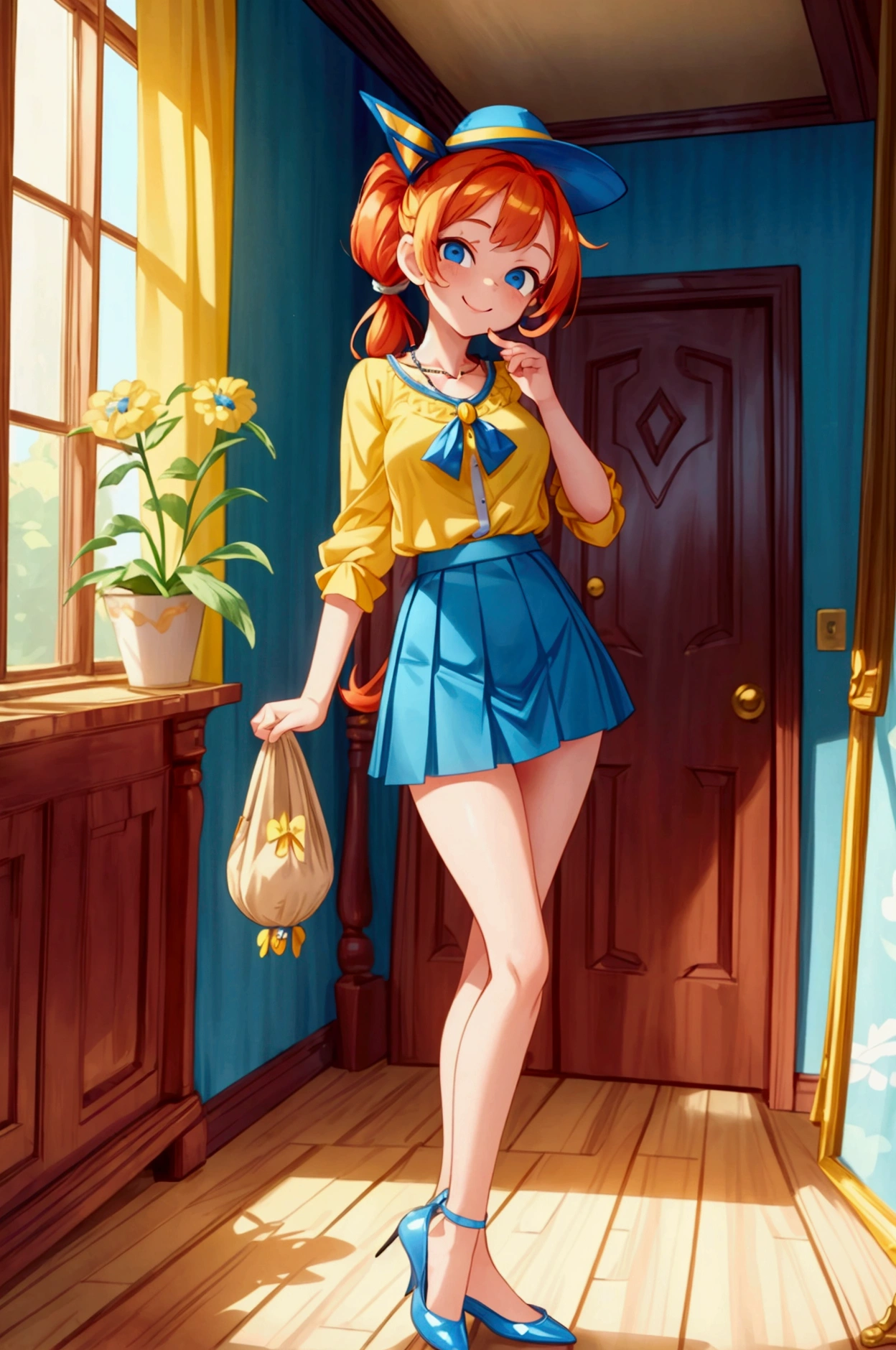 (masterpiece, best quality) standing, indoor, intricate detail, sunlight, yellow blouse necklace, blue short skirt, open shoes, yellow hat, red hair, two ponytails, blue eyes, smiling and sexy expression, sexy pose, coquette, gorgeous legs, mature teenager body, lovely, gorgeous body, pronounced breasts.