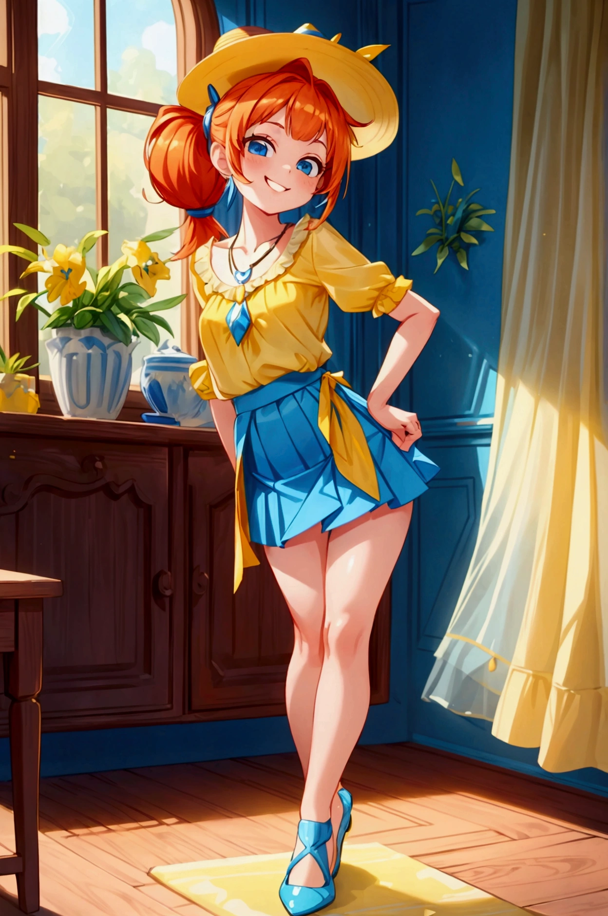 (masterpiece, best quality) standing, indoor, intricate detail, sunlight, yellow blouse necklace, blue short skirt, open shoes, yellow hat, red hair, two ponytails, blue eyes, smiling and sexy expression, sexy pose, coquette, gorgeous legs, mature teenager body, lovely, gorgeous body, pronounced breasts.