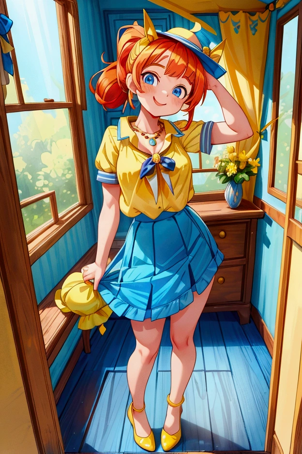 (masterpiece, best quality) standing, indoor, intricate detail, sunlight, yellow blouse necklace, blue short skirt, open shoes, yellow hat, red hair, two ponytails, blue eyes, smiling and sexy expression, sexy pose, coquette, gorgeous legs, mature teenager body, lovely, gorgeous body, pronounced breasts.