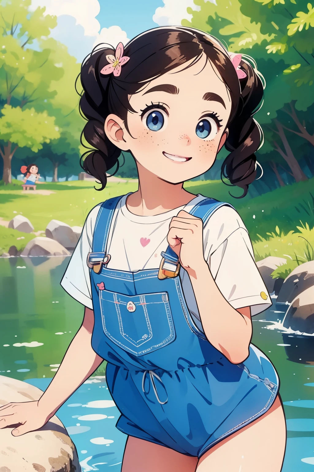 masterpiece， top quality ，Cute doodles， cheerful, Honor student，，baby face，Very small build ，Curly Hair,  twin tail hair ， vibrant, Curious Eyes ，Freckles， thick eyebrows， open fly，Camping along the river，swim， Jojo Fashion ，smile，， I'm a little shy ，Midsummer， blue sky， bright ， low angle， bright 色，watercolor， Accurate and Detailed Female Fingers ，