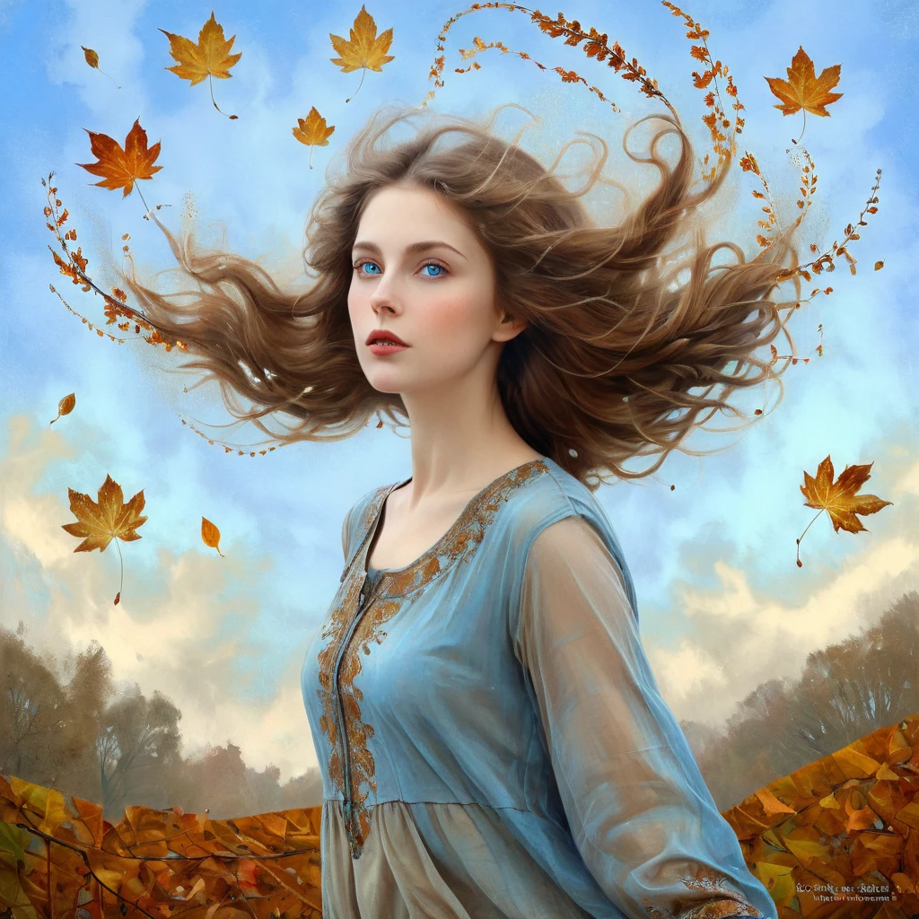 new fantasy, autumn, falling leafs. young woman, soft, sky-blue eyes, with light brown hair, walks by and lets the wind tousle her hair
oil on canvas beautiful ultra detailed crisp quality colourful no text no frame Catrin Welz-Stein Figurative Art Endre Penovac Kaia Coopman beautiful oil on canvas