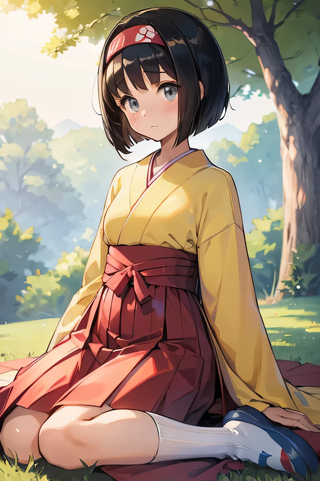 masterpiece, best quality,Erika /(pokemon/), yellow kimono, red hakama skirt, headband, white socks, bangs, short hair, bob hair, 1girl, blush