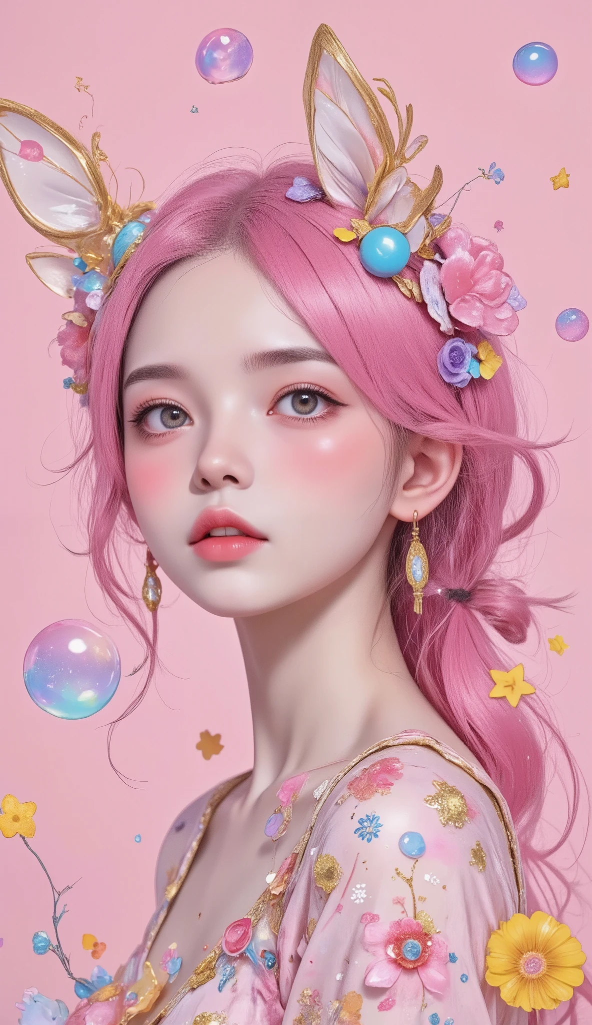 (( Masterpiece)). This piece of art is sweet, dreamer, y ethereal ,  With soft shades of pink watercolor and lots of ornate cotton candy details .. Intimate underwear, Generate a delicate and demure fae by exploring a (Bubblegum World with a wide variety of pastel tones).(Floating under) ,Its sweet face is extremely detailed and realistic with elegant features.,  A perfect mouth with puffy, kissable lips , It seems that ((((un elegant Micarah Tewers)))). Its lips are a uniform pink tone.  Includes mature and impressive features ., Highly realistic eyes. Your eyes are important and should be realistic,  , and beautiful.  In high definition and detail ,  includes many details such as stars , galaxies, burbujas de colores, colorful petals , Dripping of bright paint, iridescence, and a lot of energy and emotion. The stars and the colorful chewing gum bubbles are important! Includes fantasy details., improved details, iridescence, colorful and bright wind, y polen.  Pay special attention to your face and make sure it's beautifully detailed and realistic.... camera: This art is dreamy y ethereal  and the camera should emphasize those traits....... Create something that is surprisingly beautiful with fairy-like tones.  Use dynamic composition techniques .