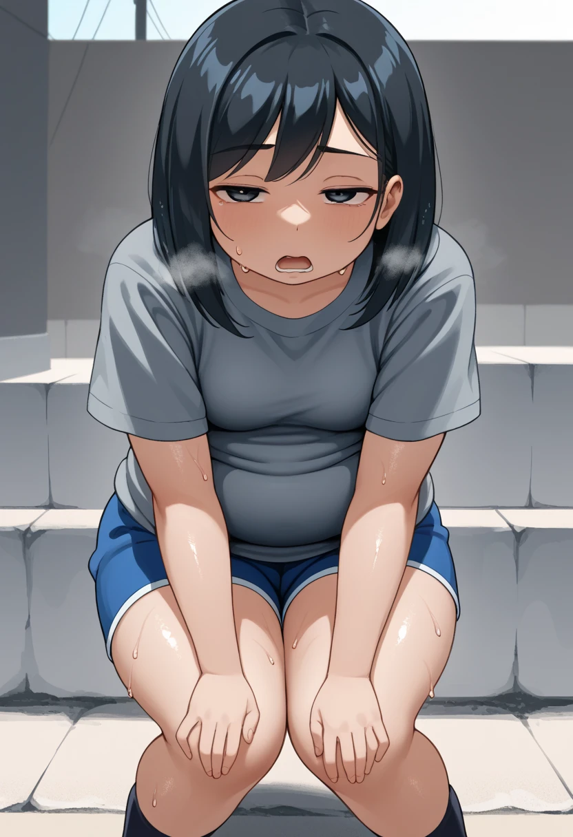 KPYoriGirl, score_9, 1girl, solo, outdoors, in school, oversized gray tshirt, blue shorts, bending ovet pose, tired, half body, sweaty, out of breath, dripping sweat, wet with sweat, open mouth, hands on knees, chubby, slightly obese