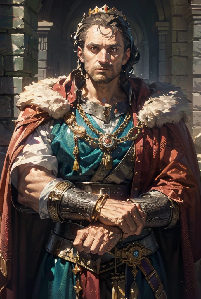 (a portrait of a king with a crown, male), fantasy style, illustration, male, (best quality,4k,8k,highres,masterpiece:1.2),ultra-detailed, natural lighting, dramatic shadows,majestic,ornate crown,flowing cape,piercing eyes,angular facial features,intricate armor,medieval,fantasy landscape background,dramatic colors,rich textures,volumetric lighting, imponent, (front view, looking at the viewer, 40 years old)
