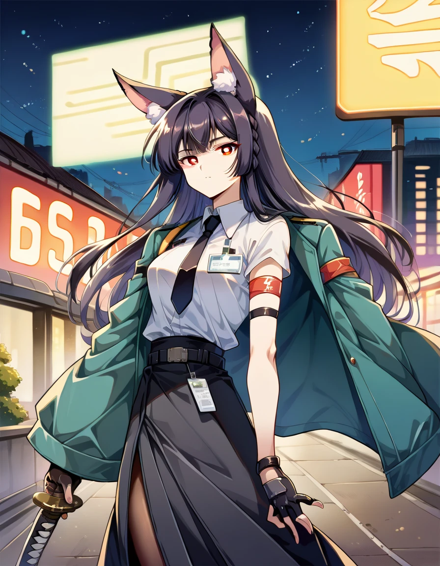 score_9, score_8_up, score_7_up, looking at viewer, expressionless, hsmyb, fox ears, red eyes, white pupils, bright pupils, black hair, long hair, blung bangs, sidelocks, half up braid, medium breasts, green jacket, chest strap, id card, collared shirt, white shirt, black necktie, arm strap, high-waist skirt, black skirt, long skirt, belt, tassel, black pantyhose, single gauntlet, single fingerless glove, black gloves, unsheathing, holding sword, katana, outdoors, urban, night, wind, science fiction, neon lights, starry sky, 