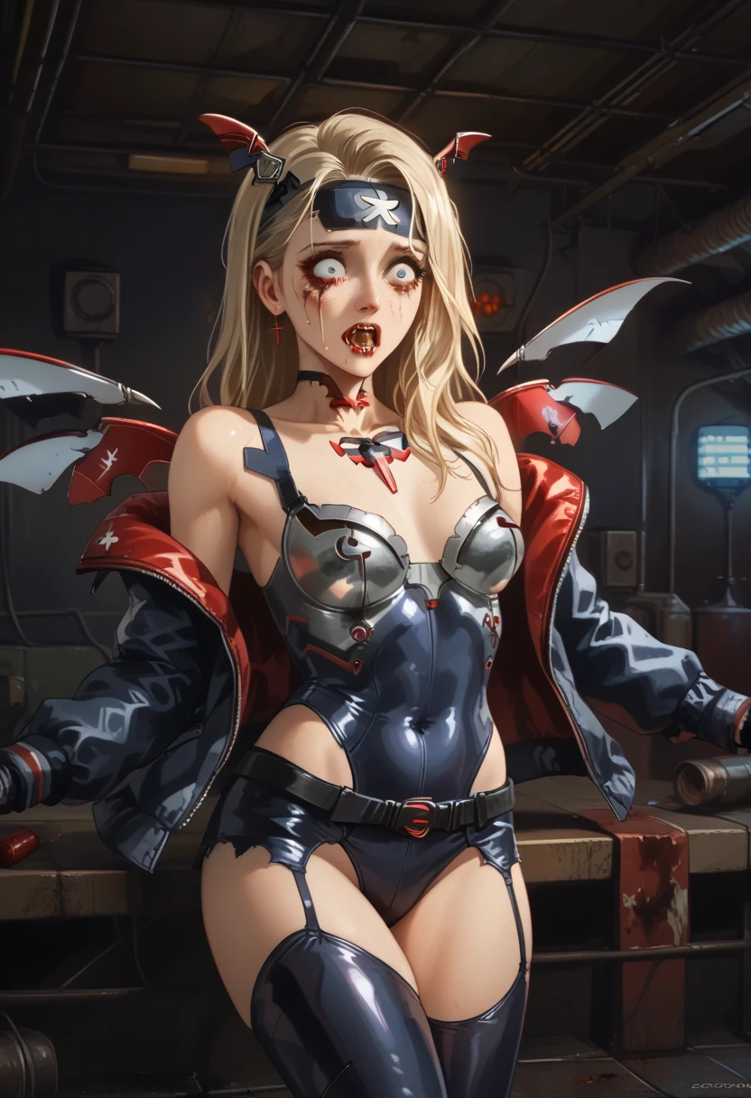  American plane,  blonde vampire girl ((detallada)),  scared , Ojos rojos (detailed), Has a headband,  futuristic armor ,  vampire cyberpunk , corset armor ,  dystopic future , Vampire wings ,  blood on her face, lost look ,  dark cyberpunk background ,  lighting light dark, mysterious