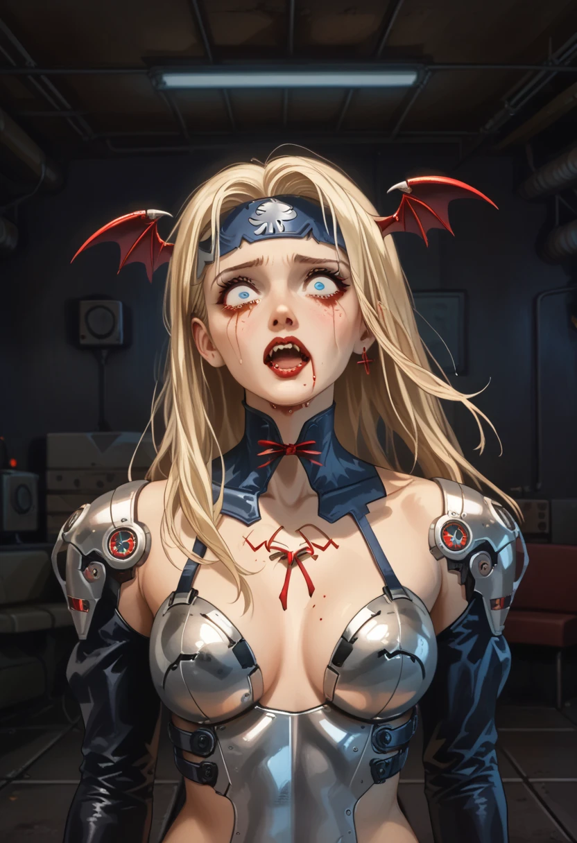  American plane,  blonde vampire girl ((detallada)),  scared , Ojos rojos (detailed), Has a headband,  futuristic armor ,  vampire cyberpunk , corset armor ,  dystopic future , Vampire wings ,  blood on her face, lost look ,  dark cyberpunk background ,  lighting light dark, mysterious