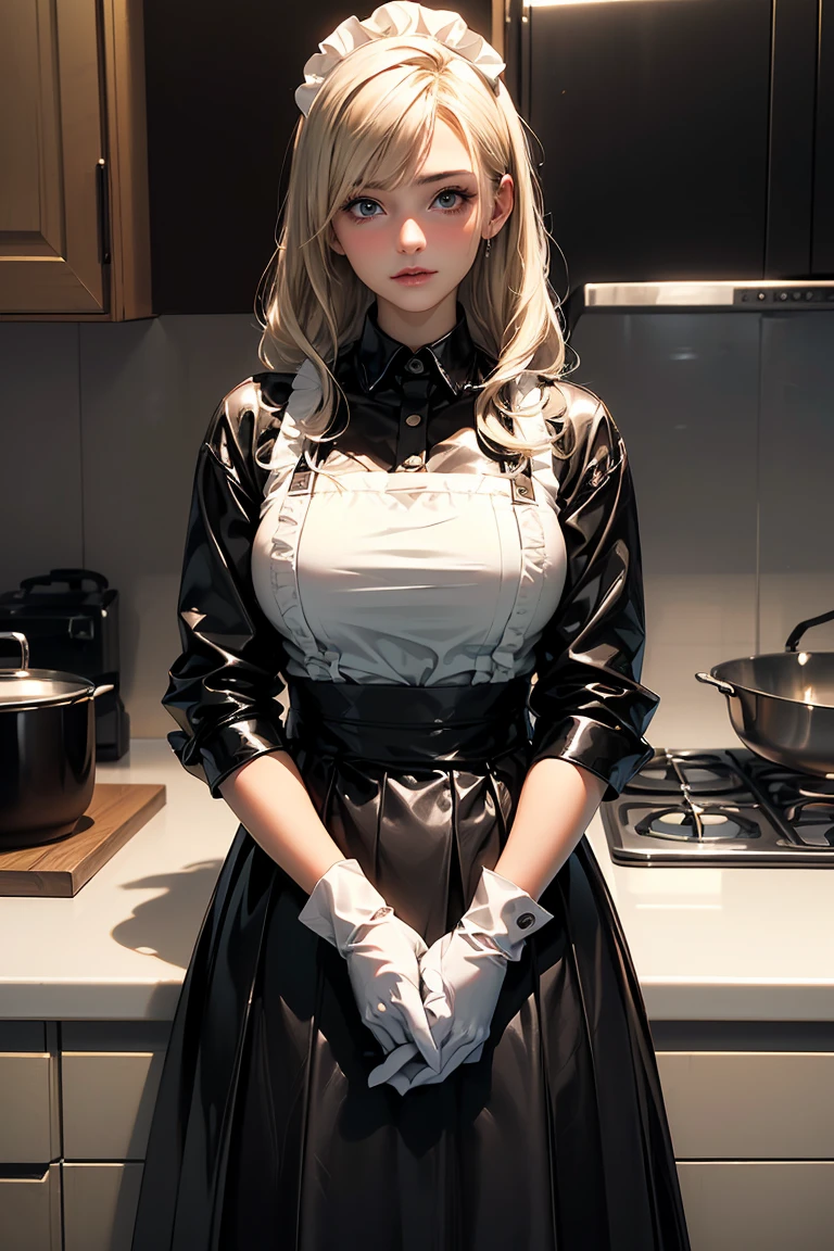 (1girl, Alone, alone), (YoRHa No.2 Type B, 2B, 1girl, solo, short hair, white hair, hairband, blindfold, covered eyes, black blindfold), ((Alone, (1woman,pink lipstick), extremely detailed , Soft ambient lighting, 4K, perfect eyes, a perfect face, Perfect Lighting, the 1 girl)), ((fitness, , shapely body, athletic body, toned body)) , ((maid outfit, black dress, white apron, maid costume, high heels, lace glove, ruffled outfit, maid hat, delicate, kitchen, cafe maid, marble floor)), ((smug woman))