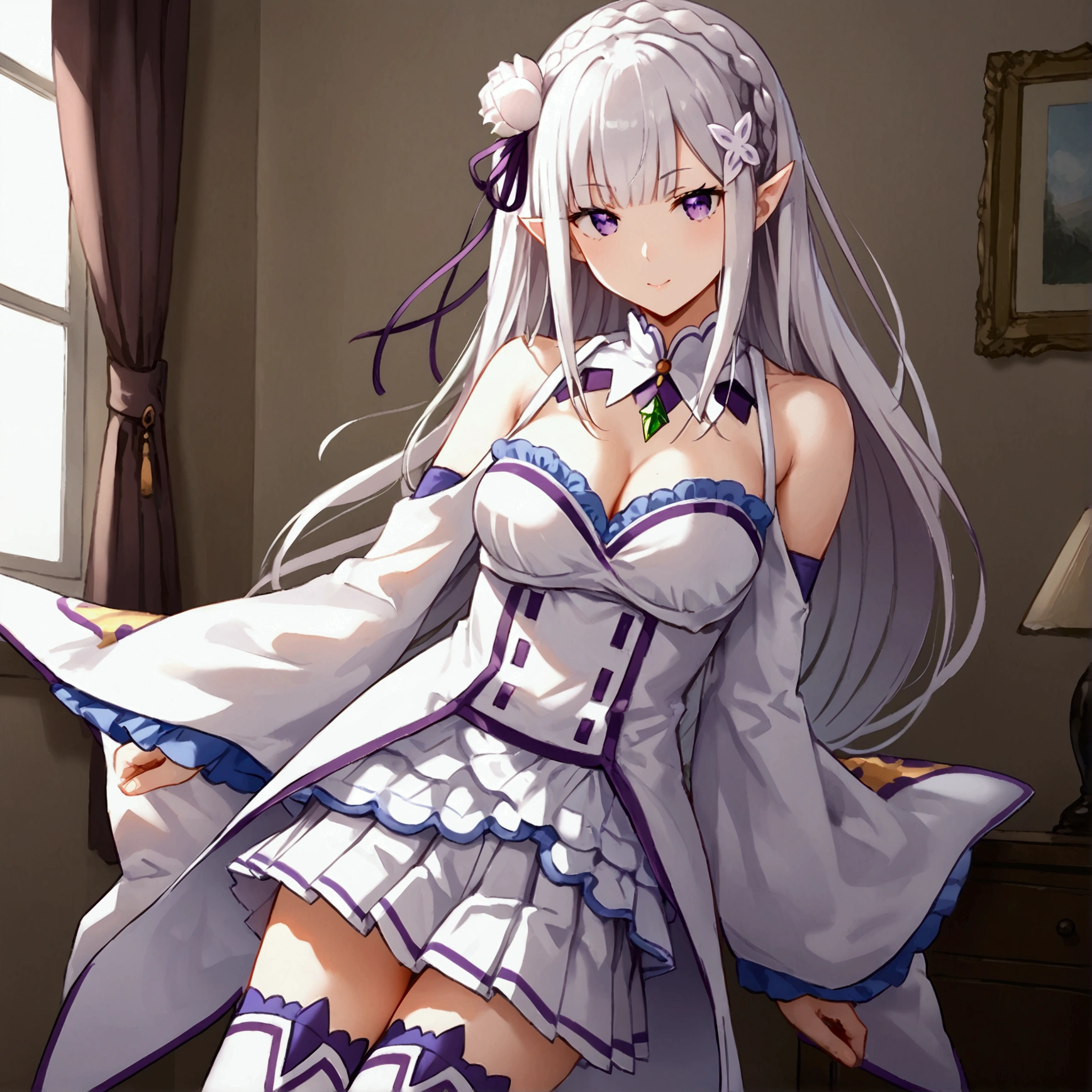 emilia, purple eyes, white hair, long hair, blunt bangs, hair ornament, braid, hair flower, pointy ears, bare shoulders, boots, cleavage, detached sleeves, green gemstone, long sleeves, pleated skirt, tailcoat, thigh boots, thighhighs white skirt, white thighhighs, wide sleeves, frills, stand, Confident pose, Room, Displeased face, Beautiful view, good atmosphere, Thigh