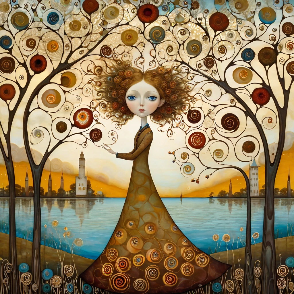 oil and acrylic painting. In the style of Andy Kehoe and Tracy Grimwood, Catrin Welz-Stein, Klimt. Background a tree-lined promenade on the waterfront. wide shot of a young woman, soft, sky-blue eyes, with light brown hair, walks by and lets the wind tousle her hair. Twisted trees, branches are transparent blown glass expanding skyward in ellipses. Dandelion blossoms, poppies, pampas grass, cherry blossoms, dried flowers bloom. Disc-shaped polychrome sun buds with marbled spirals, sunbeams like strands of coral, vitrified ambers. Warm colors, ochre yellows, browns, shades of blue, reds.
