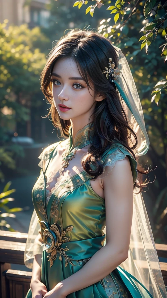 masterpiece, best quality, Alphonse Mucha, Art Nouveau,
(Tarot card style:1.3), unique tarot card frame incorporating floral and green elements,
Bangs, Straight long black hair, Looking at the audience,
verdant garden, mysterious maiden in blooming robes dancing with ethereal creatures, bathed in sunlight,illuminating lush plants and ancient tarot card symbols,
Rose, lily, Cherry blossoms, iris, leaf, moss, grapevine, nature-inspired elegant dress, Accessories,包括花朵和leaf设计的项链, earring, ring, bracelet, Hair accessories, Butterfly, birds, bee, tarot card symbols reinterpreted with floral and green patterns, goddess, garden and other natural backgrounds, forest, Lakeside, effective use of light and shadow,
Practical, hyper Practical lifelike 3d, tangled,