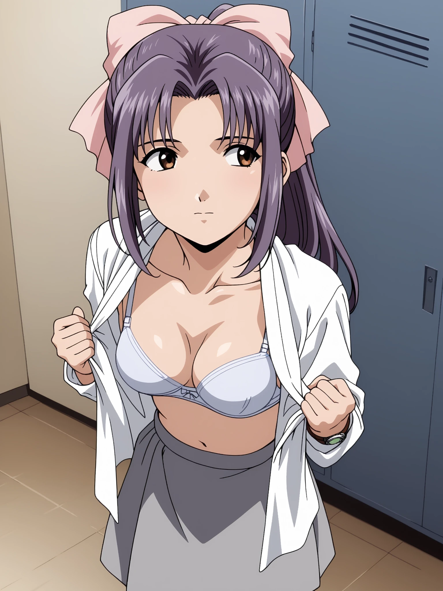 ,   score_9,   score_8_Excellent,   score_7_Excellent,   source_Anime,  break  1 girl , Anime style,   Intricate Details, Dim lighting,   knight , locker room, indoor, Momoko Koigakubo,  1 girl , difficult,   purple hair,   long hair,   hair bow,   brown eyes ,   ponytail,   Pink Ribbon  , School, Yellow Bow,   gray skirt, 
((( No Emotion, open shirt, white bra))), short stuck,   short, ((( standing with different breasts ,  changing clothes ,  from above,  I don't watch viewers,  looking away ))), ((( no fix))),