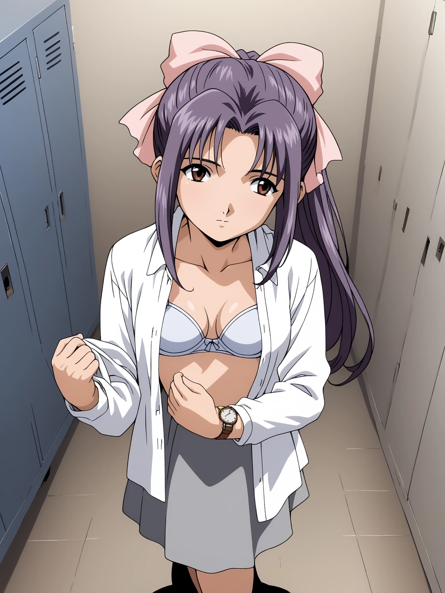 ,   score_9,   score_8_Excellent,   score_7_Excellent,   source_Anime,  break  1 girl , Anime style,   Intricate Details, Dim lighting,   knight , locker room, indoor, Momoko Koigakubo,  1 girl , difficult,   purple hair,   long hair,   hair bow,   brown eyes ,   ponytail,   Pink Ribbon  , School, Yellow Bow,   gray skirt, 
((( No Emotion, open shirt, white bra))), short stuck,   short, ((( standing with different breasts ,  changing clothes ,  from above,  I don't watch viewers,  looking away ))), ((( no fix))),