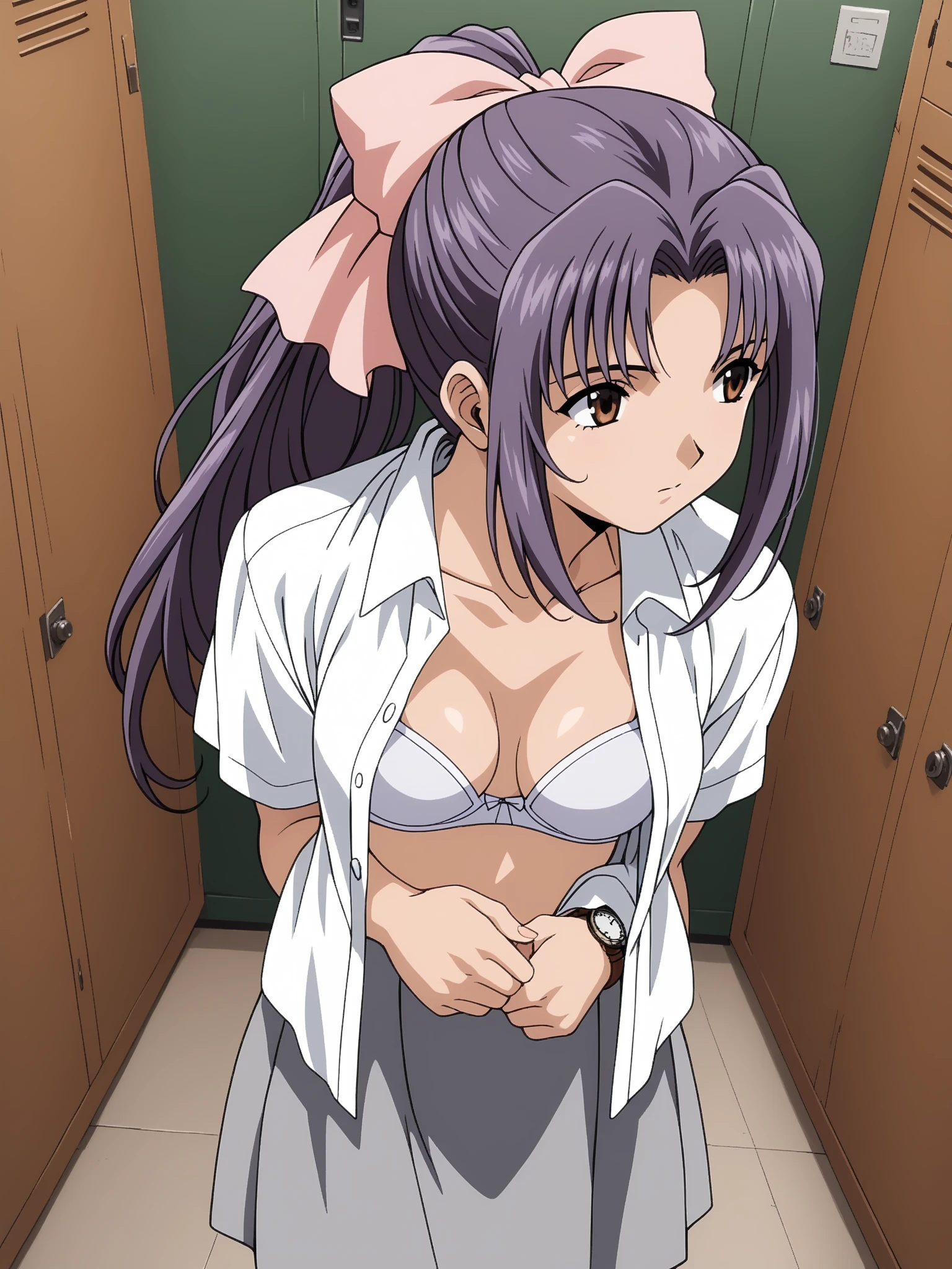 ,   score_9,   score_8_Excellent,   score_7_Excellent,   source_Anime,  break  1 girl , Anime style,   Intricate Details, Dim lighting,   knight , locker room, indoor, Momoko Koigakubo,  1 girl , difficult,   purple hair,   long hair,   hair bow,   brown eyes ,   ponytail,   Pink Ribbon  , School, Yellow Bow,   gray skirt, 
((( No Emotion, open shirt, white bra))), short stuck,   short, ((( standing with different breasts ,  changing clothes ,  from above,  I don't watch viewers,  looking away ))), ((( no fix))),