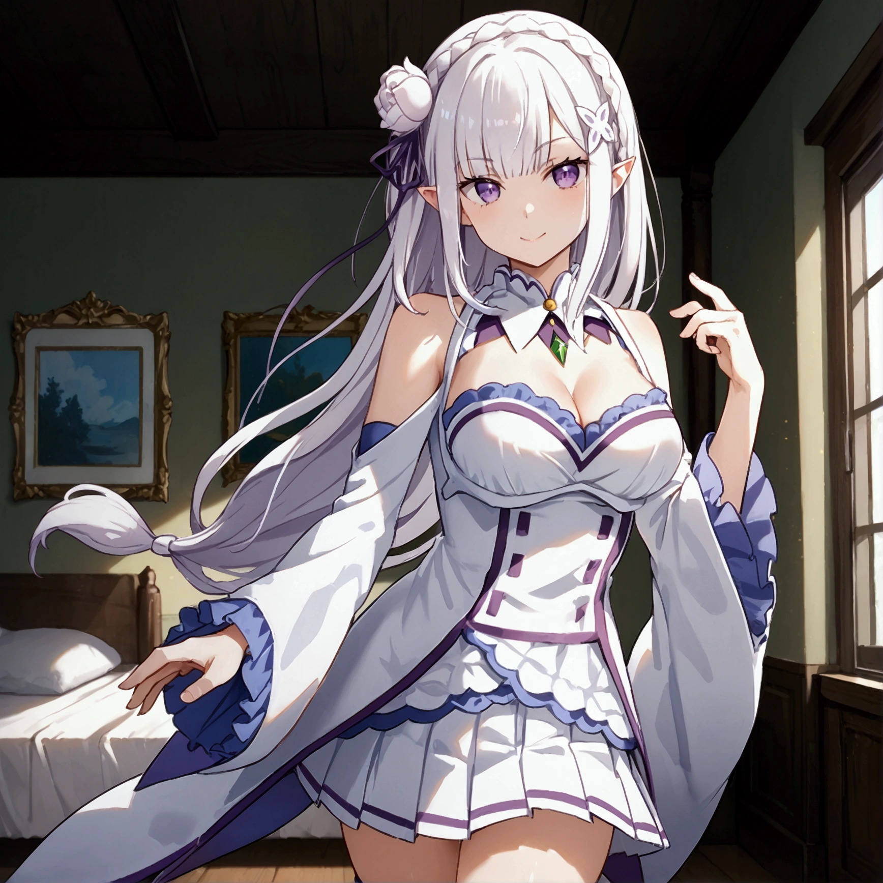 emilia, purple eyes, white hair, long hair, blunt bangs, hair ornament, braid, hair flower, pointy ears, bare shoulders, boots, cleavage, detached sleeves, green gemstone, long sleeves, pleated skirt, tailcoat, thigh boots, thighhighs white skirt, white thighhighs, wide sleeves, frills, stand, Confident pose, Room, Displeased face, Beautiful view, good atmosphere, Thigh