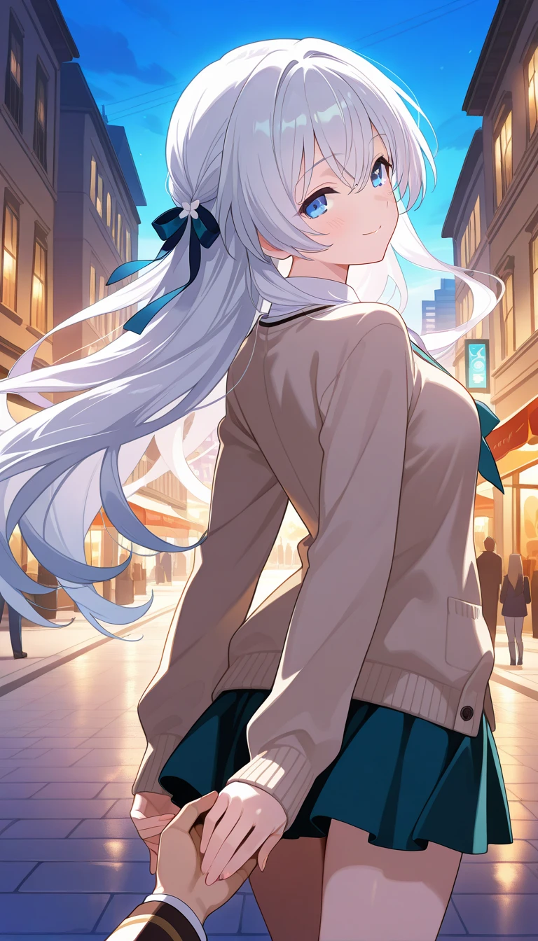 First person view, turning back pose, gently holding viewer’s hand, high quality anime art, long white hair, long hair flowing, blue eyes, highly detailed face, elegant, vibrant colors, cinematic lighting, walking on a city street, light brown cardigan, serene happy mood, closed eyes.