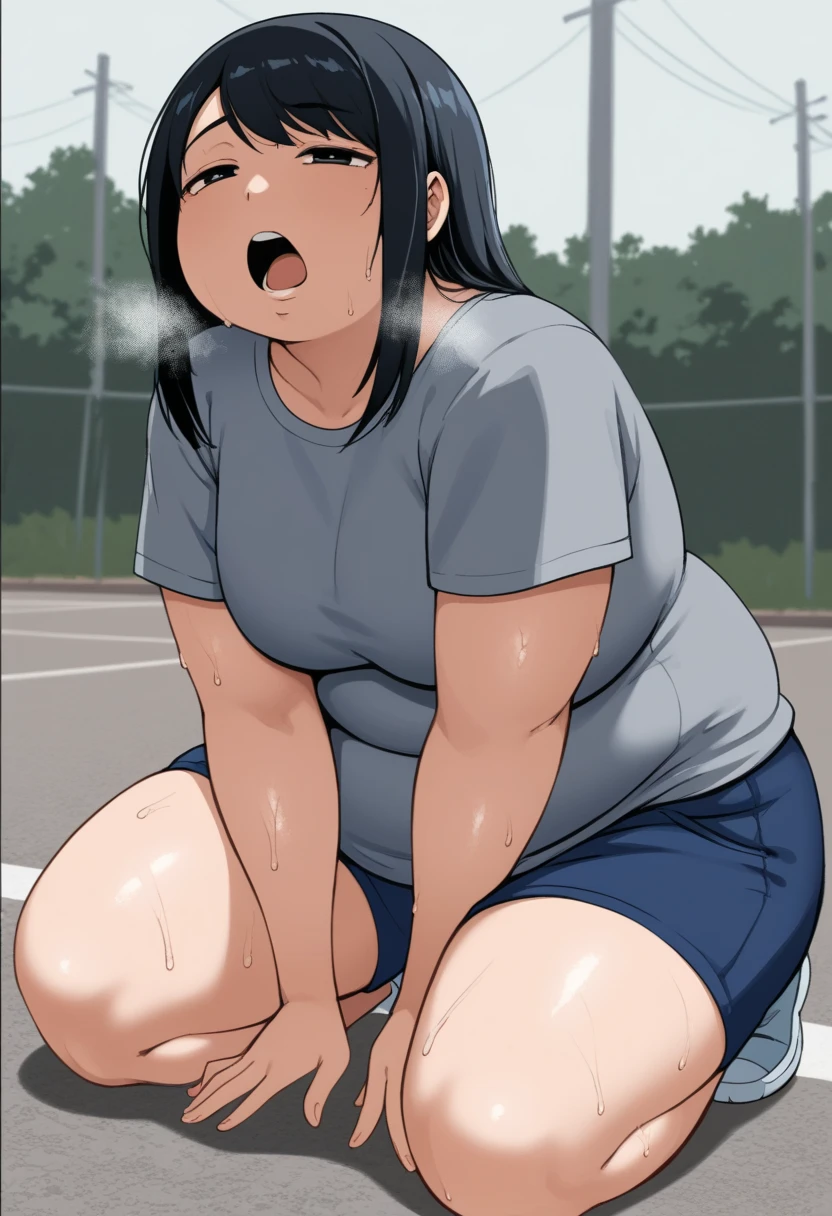 KPYoriGirl, score_9, 1girl, solo, outdoors, in school, oversized gray tshirt, blue shorts, bending ovet pose, tired, half body, sweaty, out of breath, dripping sweat, wet with sweat, open mouth, hands on knees, chubby, slightly obese