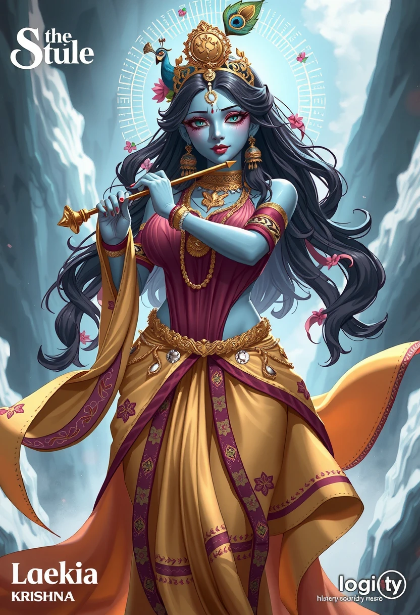 kishna as a female. Tilak in forehead, peacock feather,blue skinned flute and all. His yellow plus red dhoti. Blue and pink dress 0f radha. He took essence of radha and took a female form. The form the has the greatness of krishna and rhe essence of beauty of radha.