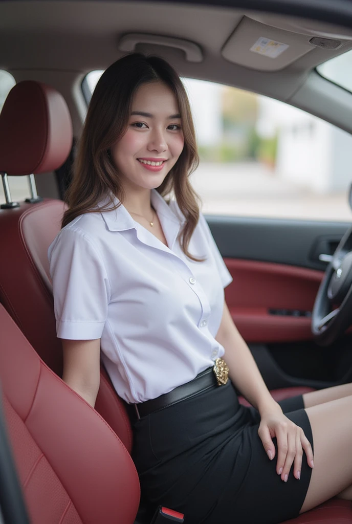 captures full body of a beautiful asian woman 20 years old with long brown natural loose hair and light skin, slender, medium breasts, gold necklace , glamorous smiling. She is wearing white collared shirt short sleeves, belt, short black pencil skirt  , university uniform. She sit on driver's seat. The car interior is black with red leather seats. The background is slightly blurred, drawing focus to the subject. The lighting appears natural, possibly from window. side view