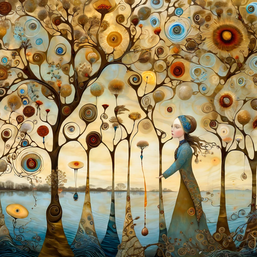 oil and acrylic painting. In the style of Andy Kehoe and Tracy Grimwood, Catrin Welz-Stein, Klimt. Background a tree-lined promenade on the waterfront. wide shot of a young woman, soft, sky-blue eyes, with light brown hair, walks by and lets the wind tousle her hair. Twisted trees, branches are transparent blown glass expanding skyward in ellipses. Dandelion blossoms, poppies, pampas grass, cherry blossoms, dried flowers bloom. Disc-shaped polychrome sun buds with marbled spirals, sunbeams like strands of coral, vitrified ambers. Warm colors, ochre yellows, browns, shades of blue, reds.
