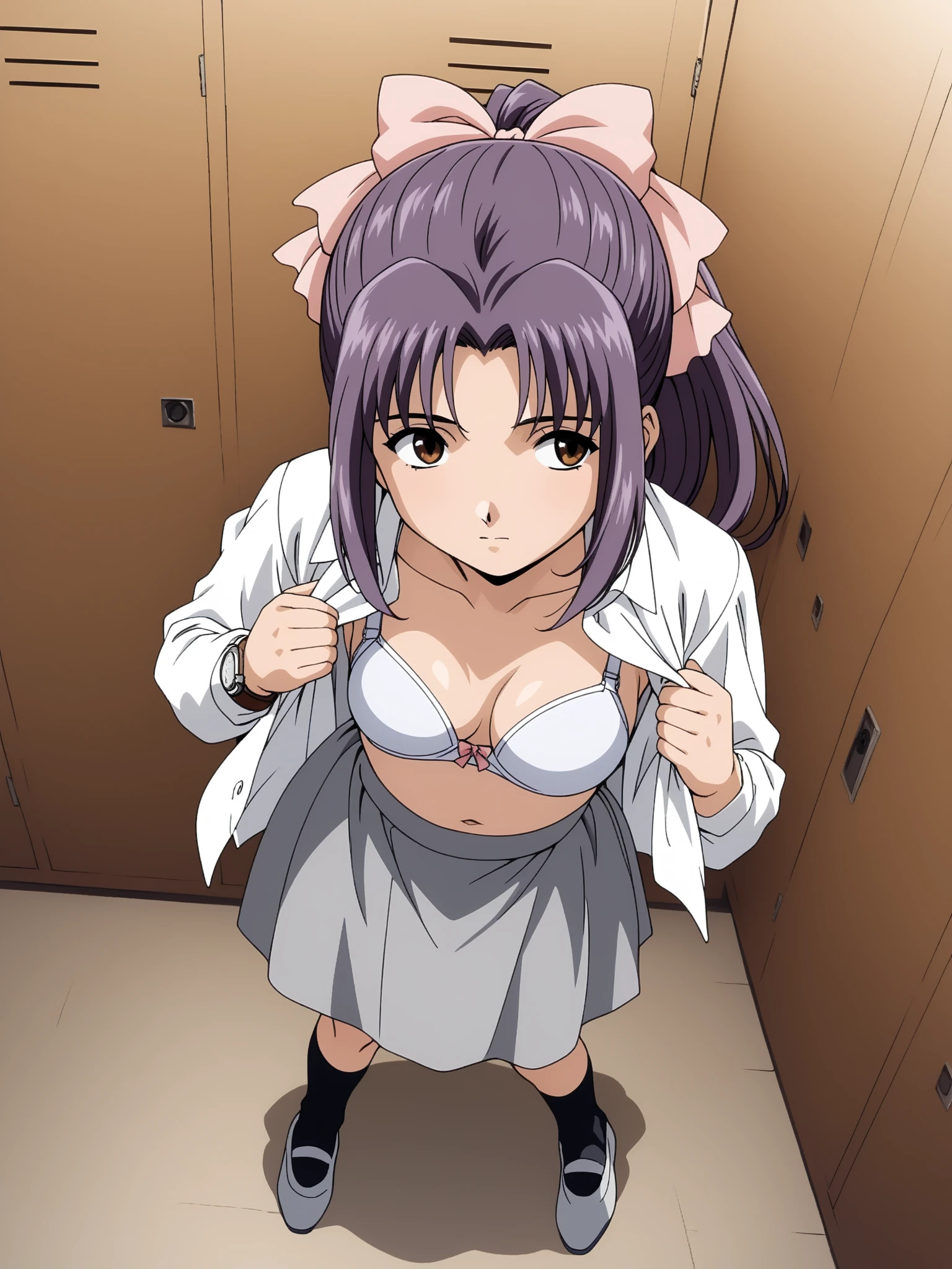 ,   score_9,   score_8_Excellent,   score_7_Excellent,   source_Anime,  break  1 girl , Anime style,   Intricate Details, Dim lighting,   knight , locker room, indoor, Momoko Koigakubo,  1 girl , difficult,   purple hair,   long hair,   hair bow,   brown eyes ,   ponytail,   Pink Ribbon  , School, Yellow Bow,   gray skirt, 
((( No Emotion, open shirt, white bra))), short stuck,   short, ((( standing with different breasts ,  changing clothes ,  from above,  I don't watch viewers,  looking away ))), ((( no fix))),