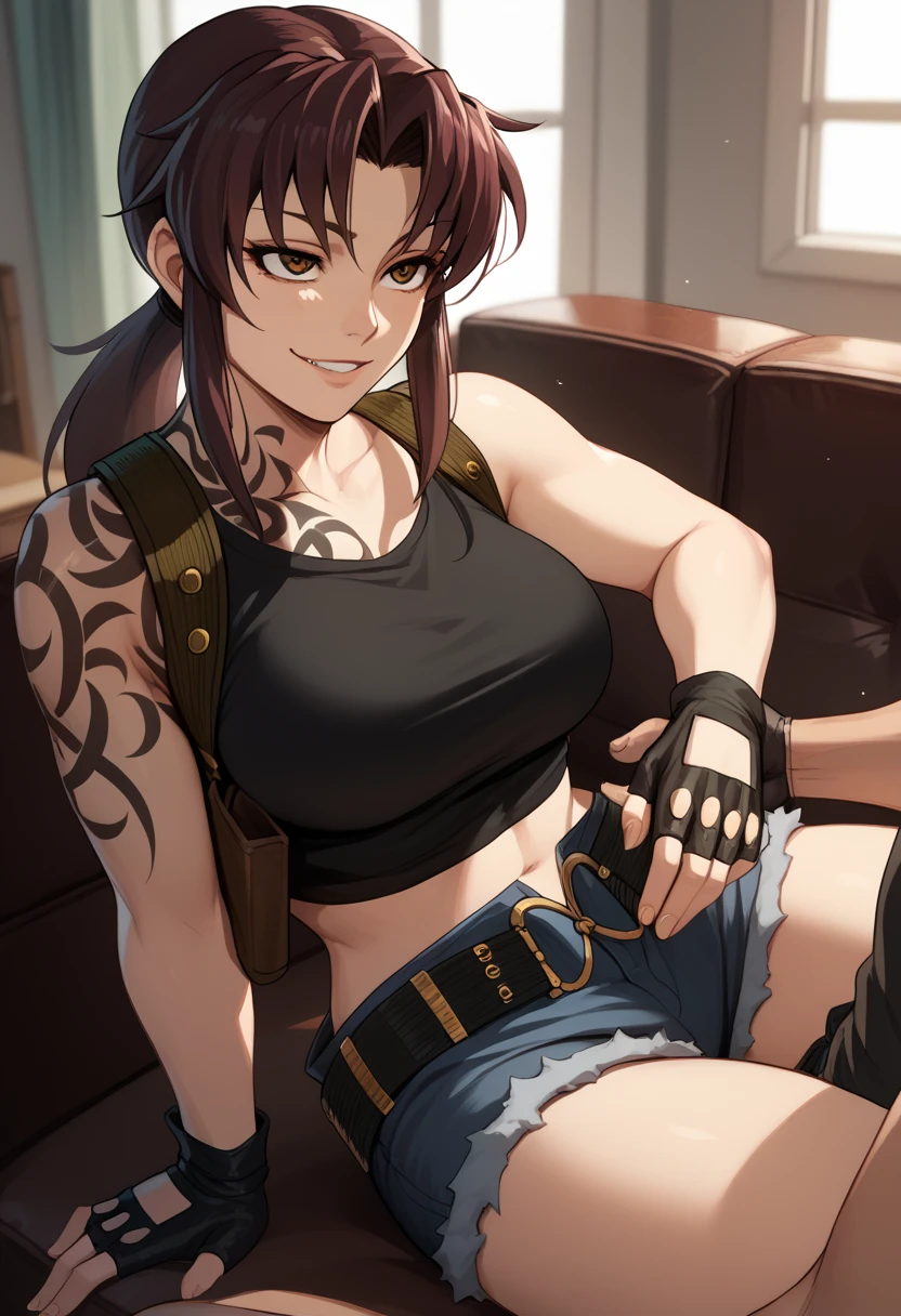 blacklagoonrevy, shoulder tattoo, ponytail,black tank top, crop top, shoulder holster, black gloves, fingerless gloves, short shorts, belt, midriff, room, 1boy, paizuri, evil smile, sitting, 