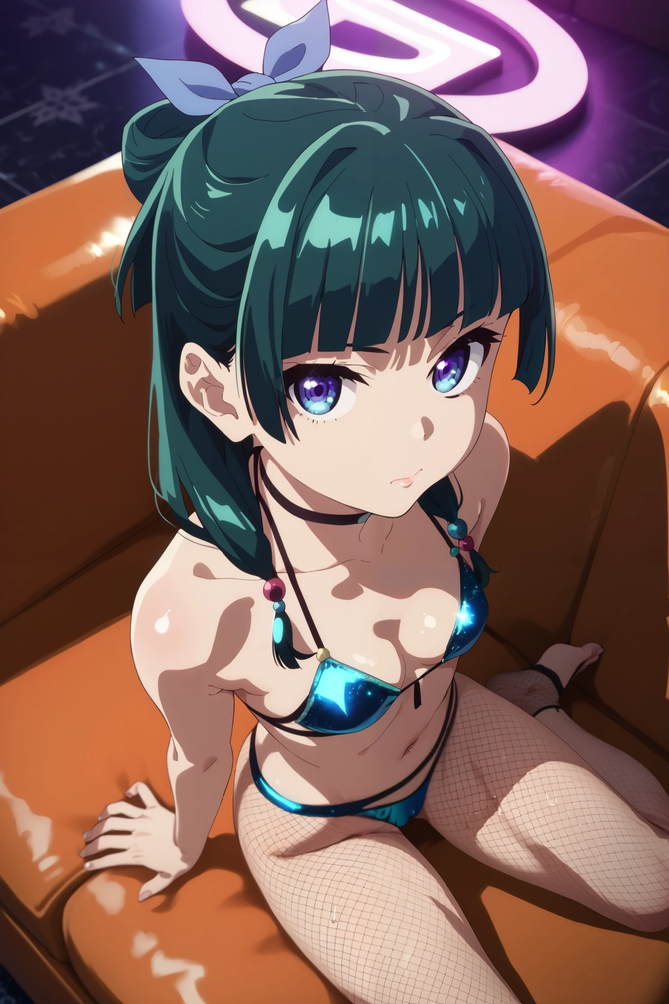 ((1 girl)), {{tomboy}}, ((tan skin:1.9, tan arms, short-pants-shaped sunburnmark, sunburn mark, tan legs)), (half closed eyes:1.9, black eyes, black long eyelash, black lower eyelashes, slanted eyeblows), (mature female:0.8), (black short hair, bouffant hair, blunt bangs), {{NSFW}}, (blue striped microbikini:1.9, nipple), large breasts, (squatting, turned this way full open legs:1.2, hand on knees), uncensored, (close up navel:1.0), cowboy shot, from front,
bare arms, bare legs, (white short socks with frill:1.8, black loafers), vivid coloring, outlines on hair:1.2, beautiful detailed face, (flushed cheeks:1.2) (beautifully detailed face:1.2), (beautiful detailed eyes), (concept art, high resolution:0.7), (heavy lines), (thick outlines:0.7), color sketch, (intricate:1.2), (high saturation:1.1), (glossy skin:1.2), (oily shiny skin), (thick, abs:0.8), perfect anatomy, (perfect hands:0.9), (hand reference:0.5), (delicate detailed fingers:0.7), ((hand with just five fingers, hand consists of a short thumb and four fingers, thumb is on side of palm)), (four fingers on top of palm:0.7), disheveled hair, dark pupils, (sharp eyes, pink lips:0.8), (chromatic aberration:0.3), colorful lighting, cinematic shading, ((single view)), (dutch_angle:0.9), (full body:0.8), (from below:1.0), beautiful and clear background, (gorgeous hotel room at night, night lighting), sporty
