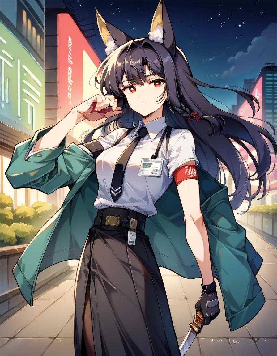 score_9, score_8_up, score_7_up, looking at viewer, expressionless, hsmyb, fox ears, red eyes, white pupils, bright pupils, black hair, long hair, blung bangs, sidelocks, half up braid, medium breasts, green jacket, chest strap, id card, collared shirt, white shirt, black necktie, arm strap, high-waist skirt, black skirt, long skirt, belt, tassel, black pantyhose, single gauntlet, single fingerless glove, black gloves, unsheathing, holding sword, katana, outdoors, urban, night, wind, science fiction, neon lights, starry sky,
