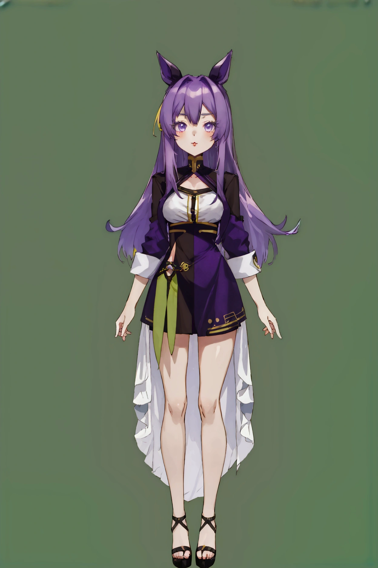 (full body), ((simple green chroma background)), 22-year-old long straight purple hair, horsetail in her hair, purple eyes, anime-long style 2000, short dress tight with golden detailing, breasts bigger than her head, flirty look, lipstick, 4k, hd, self-definition, good image quality and lined, (vtuber-fullbody),