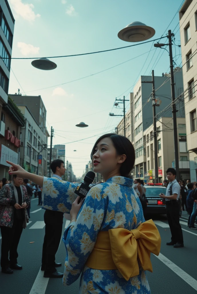  image of several people on a busy street with people looking up and pointing their fingers at the sky and there is a Japanese reporter holding a microphone in her hand dressed in Yukata with a large bow on her back and walking down the street, She has her arm stretched out pointing her finger at several flying saucers in the sky behind her while, There are several police cars around with lights on , as realistic as possible,  cinematic quality 