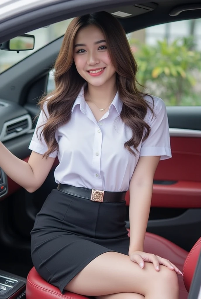 captures full body of a beautiful thai woman 20 years old with long brown natural loose hair and light skin, slender, medium breasts, gold necklace , glamorous smiling. She is wearing white collared shirt short sleeves, belt, short black pencil skirt  , university uniform. She sit on driver's seat. The car interior is black with red leather seats. The background is slightly blurred, drawing focus to the subject. The lighting appears natural, possibly from window. side view