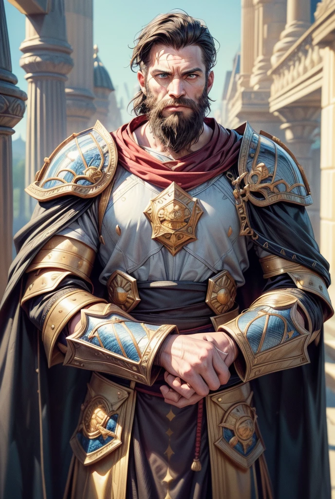 (a portrait of a king with a crown, male), fantasy style, illustration, male, (best quality,4k,8k,highres,masterpiece:1.2),ultra-detailed, natural lighting, dramatic shadows,majestic,ornate crown,flowing cape,piercing eyes,angular facial features,intricate armor,medieval,fantasy landscape background,dramatic colors,rich textures,volumetric lighting, imponent, (front view, looking at the viewer, 40 years old man, man:1.3, imponent, fearless, strong, beard, 85kg weight), a long sword in front on his chest, black hair, castle room, king arthur armor, plate armor, (epicarmor2024), kings armor
