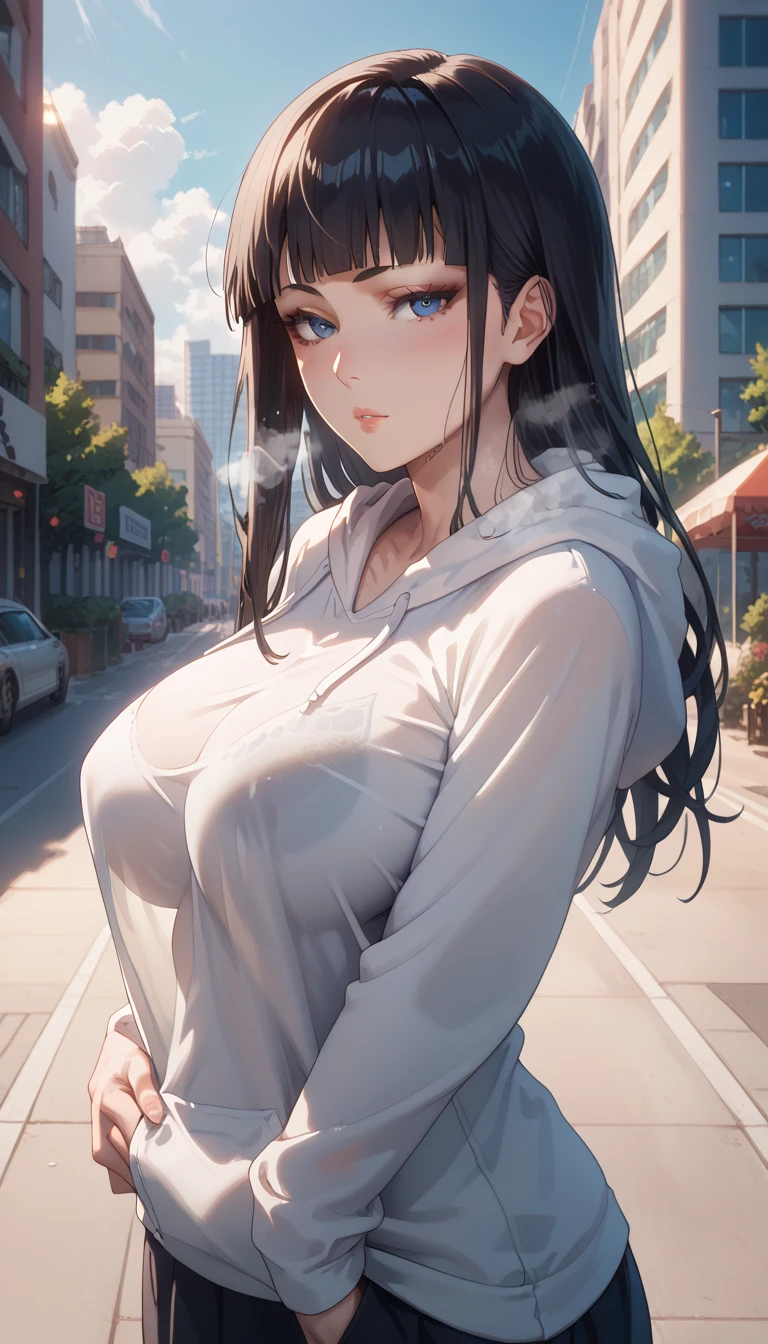 Milf, motherly, Fitgirl, Score_8_up, Score_7_up,  break, Best Quality, Beautiful Skin, Black Hair, blue eyes, Long Hair, forehead, Large Breasts, Staring at the viewer, loose clothes, Heavy breath, sensual pose in the city park in the morning, blush ,  ,shutara senjumaru, hoodie ,