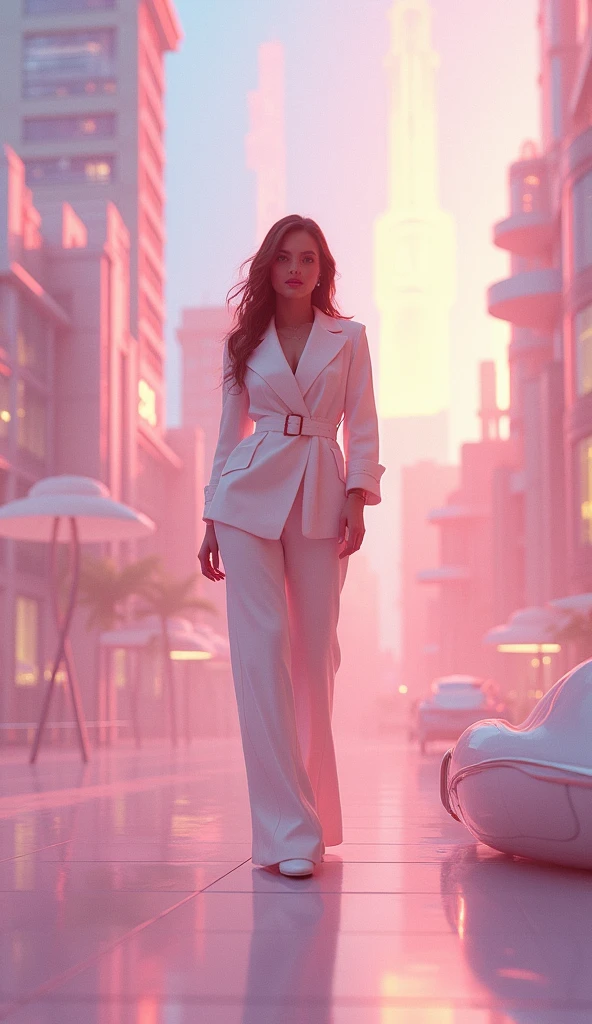 Aishwarya Rai Bachchan, standing in a futuristic cityscape with neon lights and flying cars in the background, under a purple-hued evening sky, exuding a sense of confidence and mystery :1 AND modern male dress :1.1