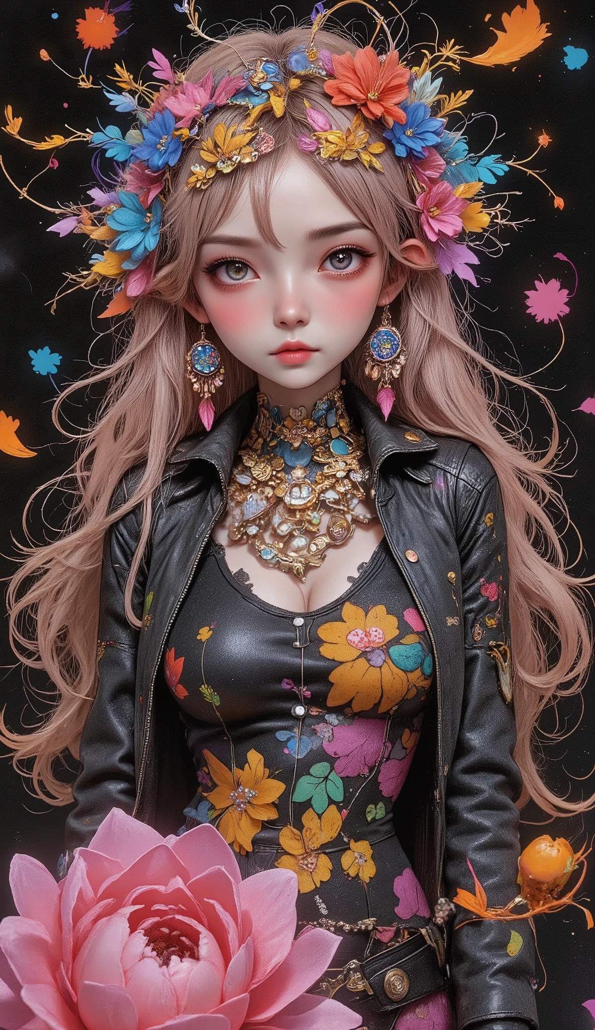 ( official art ,  Beautiful and aesthetic :1.2), (1 girl:1.3),(fractal art:1.1),(colorful:1.1)(flores:1.3),highest detailed,(tangled:1.2),  full body , ( abstract background :1.3), ( shiny leather), (many colors:1.4), ,(earrings), (feathers:1.5),