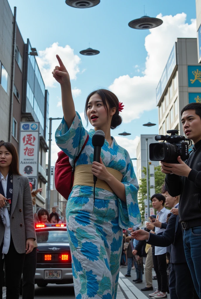  image of several people on a busy street with people looking up and pointing their fingers at the sky and there is a Japanese reporter holding a microphone in her hand dressed in Yukata with a large bow on her back and walking down the street, She has her arm stretched out pointing her finger at several flying saucers in the sky behind her while, There are several police cars around with lights on , as realistic as possible,  cinematic quality 