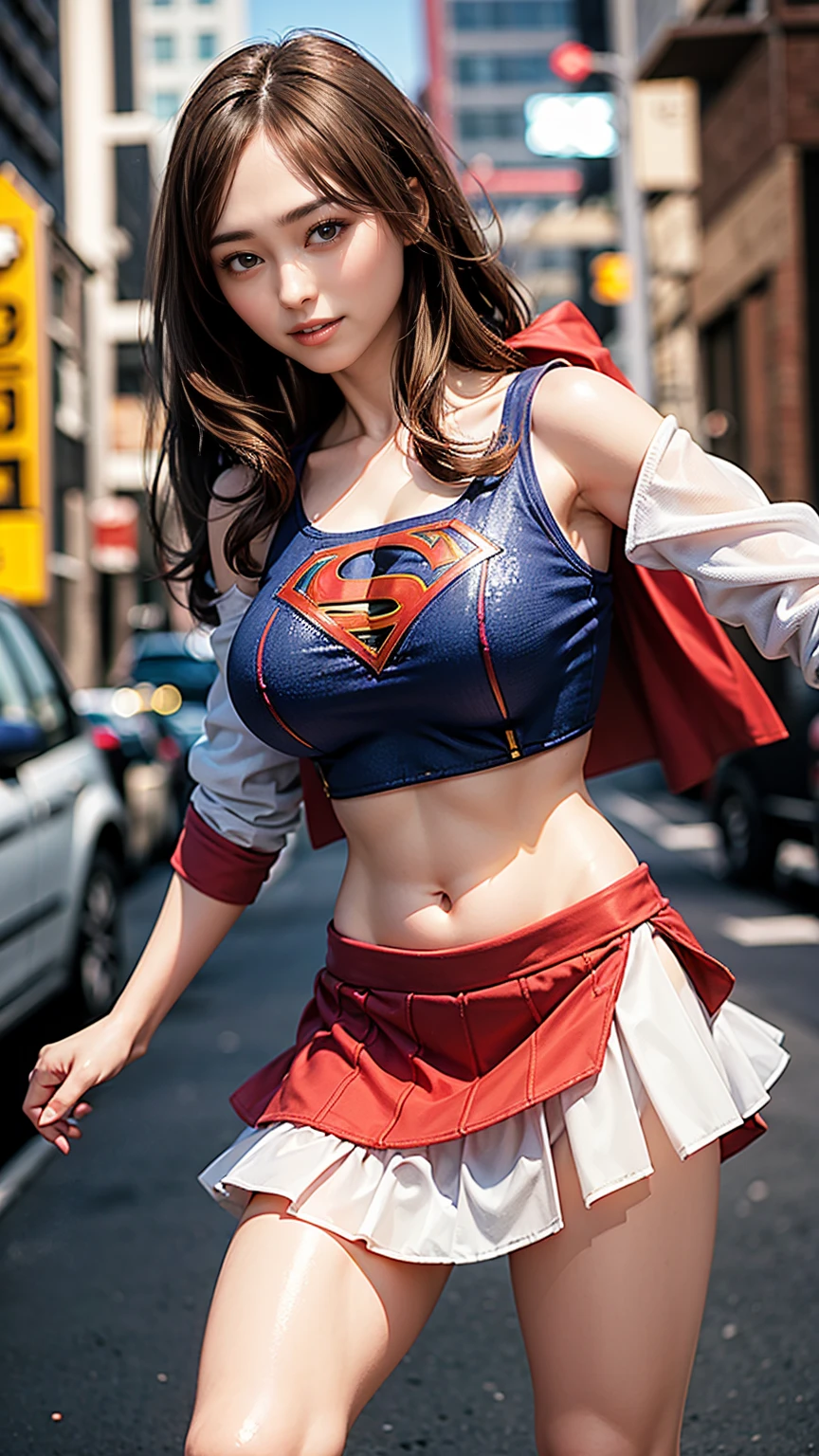   1 girl，big tit female body set ，  Supergirl Costume Dress，skirt、ミニskirt、Cutting clothes，close，  Off Shoulder Outfit，Charming，  perfect body，street，belly button，Abdominal vest line，Brown Hair、Long Hair、Long Hair、  Sexy Poses