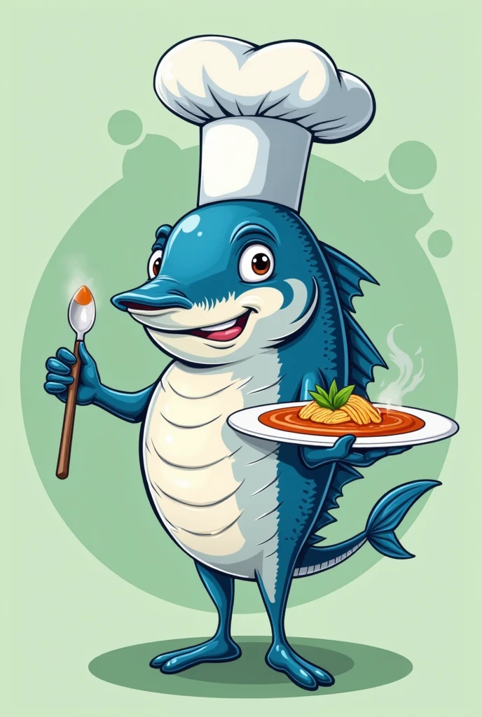 A "Albacore fish " de colores azul con degrade hacia verde con gorra de chef que sostiene  A plato de sopa en su aleta derecha, sin color de fondo con  estilo caricatura en plano 2d y con enfoque para ser mascota de A restaurant de comida del mar y para ser colocado en A cartel y/or advertising banner . 