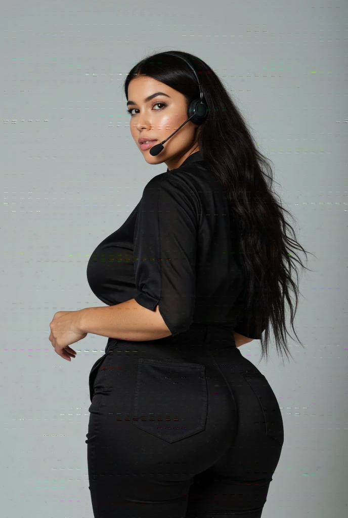araffe woman in a black shirt and jeans posing for a picture, thicc, she has a jiggly fat round belly, tight outfit, official product photo, she is wearing streetwear, wearing black tight clothing, skinny waist and thick hips, thick body, photograph of a techwear woman, curvy model, her hand is on her waist