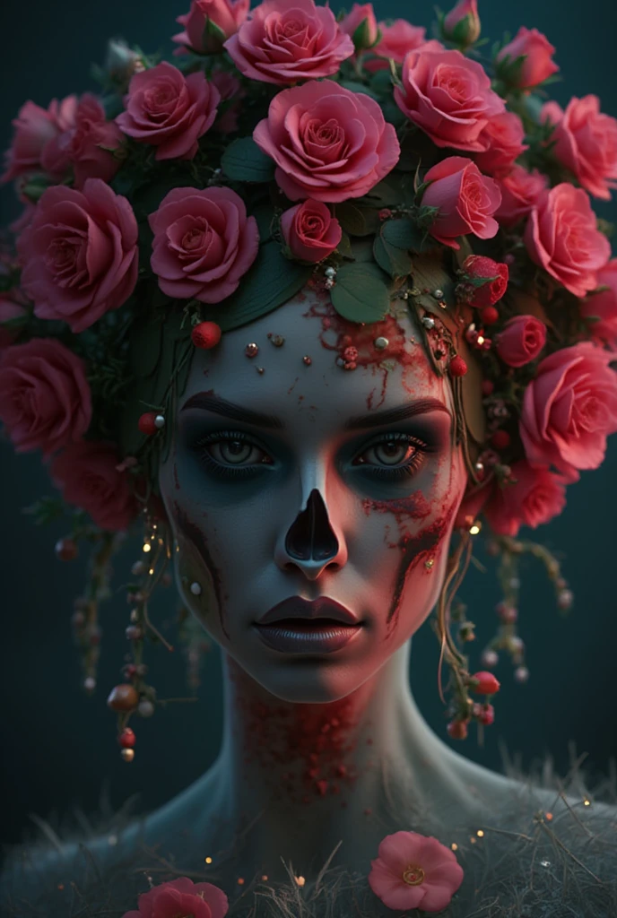  close-up portrait of a goddess , , nautiparaffed skeleton ,  dressed as Santa Claus with roses in her hair ,  contest winner concept art from leading environmental artist ,  contest winner zbrush  central, fantasy art, hauntingly Beautiful zombie, Beautiful zombie, Skeleton Girl,   Stefan Gesell  ,  фото realistic темный концепт-арт ,  contest winner zbrush ,  skeletal skeleton with plenty of flesh ,  half woman half skeleton ,  Ultra-realistic concept art, orchid, skull, , bioluminescent creatures ,  intricate artwork ral-czmcrnbw g1h3r ral-3dwvz,  subsurface scattering , Photo realistic, Hyper realistic,  analog style ,  realistic,  film photography ,  soft lighting, heavy shadow,  Ombre neon pink color scheme , Neon blue, neon yellow,  neon green ,