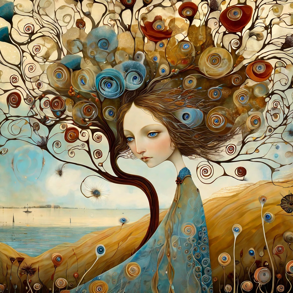 oil and acrylic painting. In the style of Andy Kehoe and Tracy Grimwood, Catrin Welz-Stein, Klimt. Background a tree-lined promenade on the waterfront. (wide shot )of a young woman, soft, sky-blue eyes, with light brown hair, walks by and lets the wind tousle her hair. Twisted trees, branches are transparent blown glass expanding skyward in ellipses. Dandelion blossoms, poppies, pampas grass, cherry blossoms, dried flowers bloom. Disc-shaped polychrome sun buds with marbled spirals, sunbeams like strands of coral, vitrified ambers. Warm colors, ochre yellows, octane colour, shades of red an blu.
