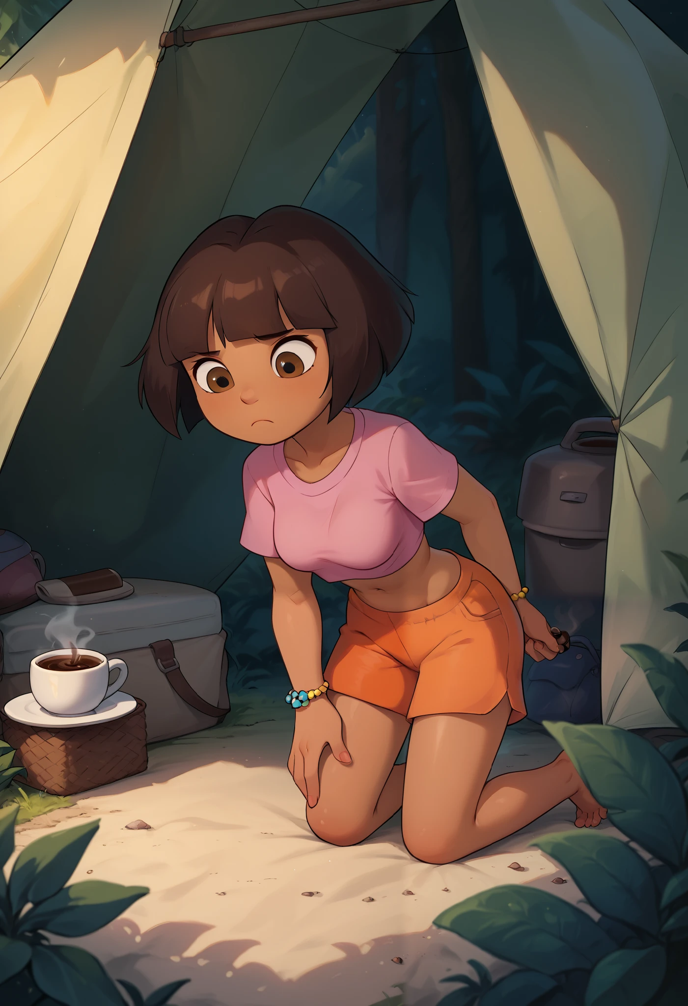  solo, From the front, cute, looking down, coffee, holding coffee, frown, on knees, medium breasts, Dora,  brown eyes, morning, inside a tent, outdoors, dark-skinned female, bob cut, (pink shirt), crop top, bare midriff, loose shirt, (orange shorts), bracelet, (slender athletic body), leaning forward,