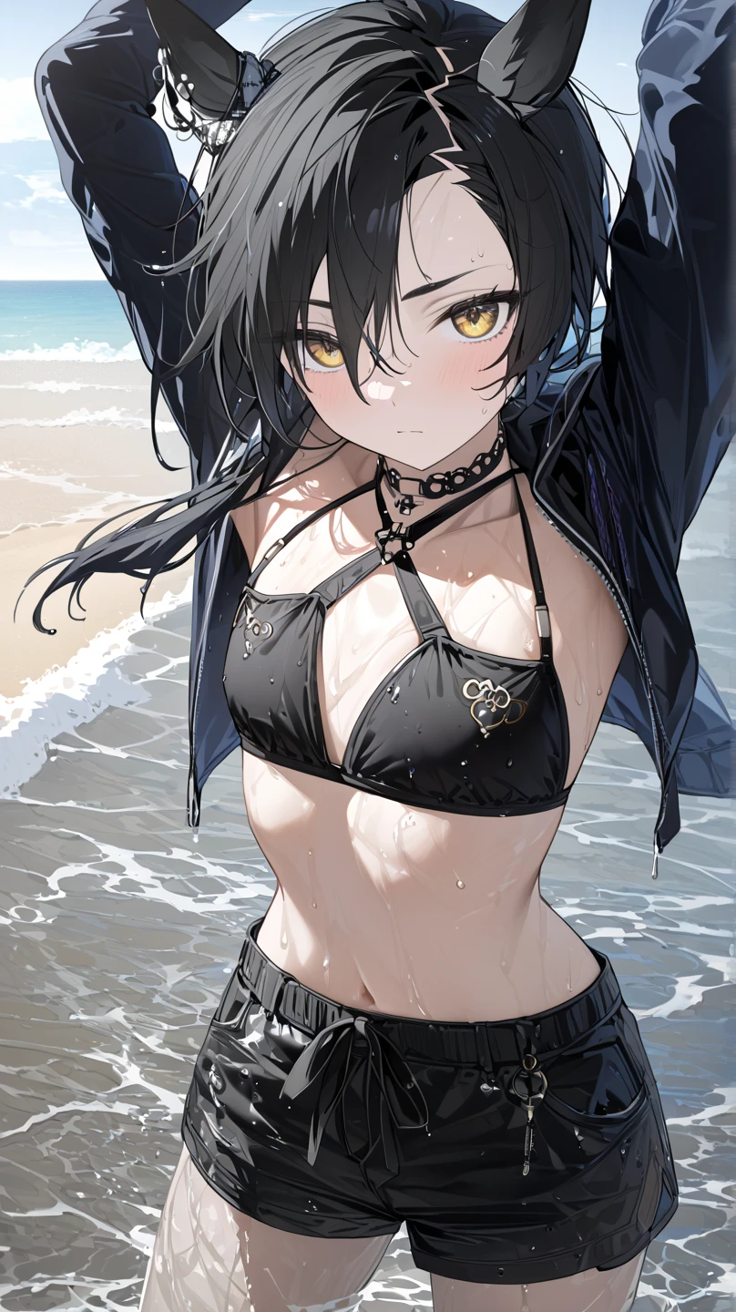 Ultra detailed, Highres, absurdres, HDR, master piece, Mikasa Ackerman, black hair, short hair, expressive gray eyes, Shingeki No Kyojin, woman sitting, extremely beautiful, solo, beach, black swimsuit, water, green leaves, glittering, sensual, fantasy, close up
