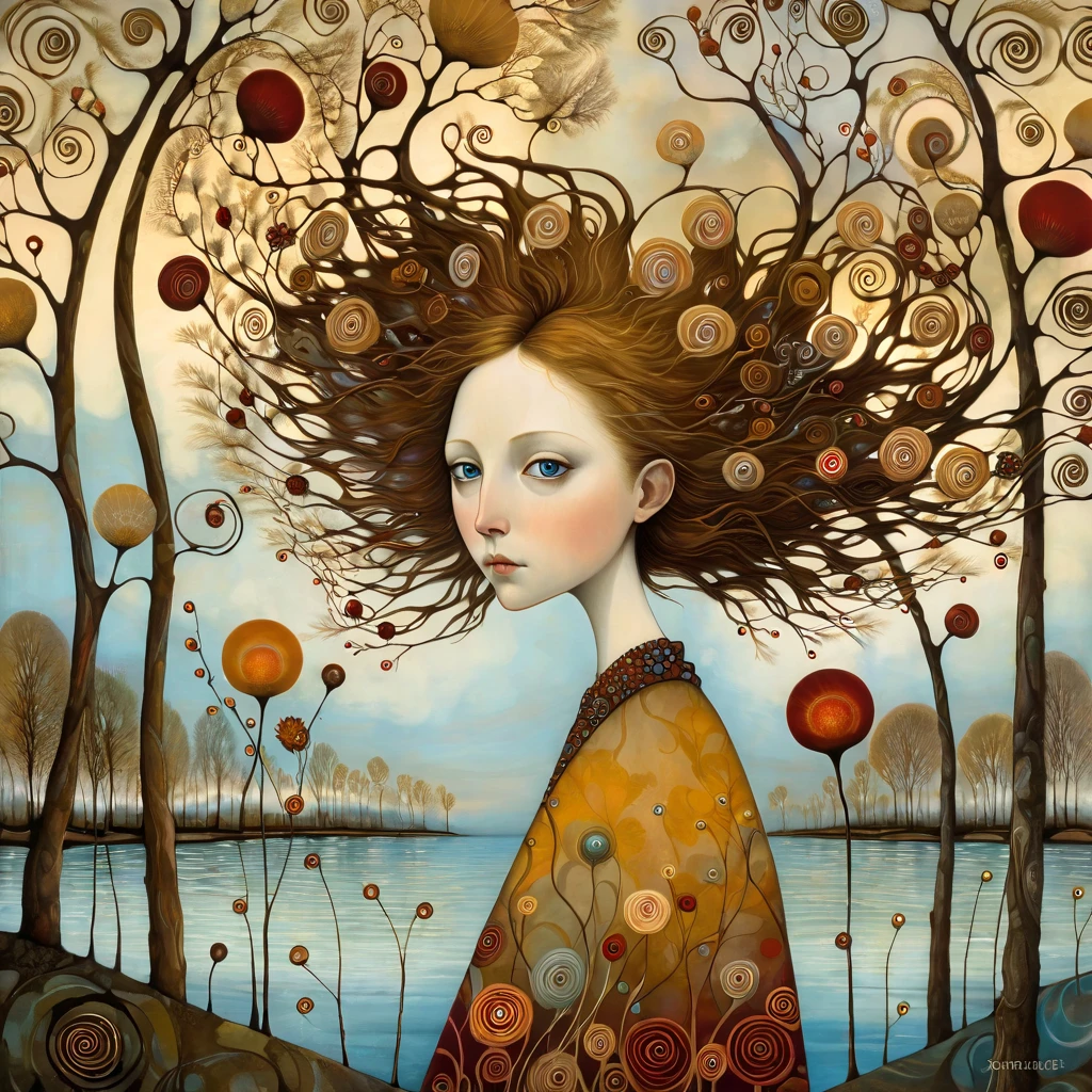 oil and acrylic painting. In the style of Andy Kehoe and Tracy Grimwood, Catrin Welz-Stein, Klimt. Background a tree-lined promenade on the waterfront. (wide shot )of a young woman, soft, sky-blue eyes, with light brown hair, walks by and lets the wind tousle her hair. Twisted trees, branches are transparent blown glass expanding skyward in ellipses. Dandelion blossoms, poppies, pampas grass, cherry blossoms, dried flowers bloom. Disc-shaped polychrome sun buds with marbled spirals, sunbeams like strands of coral, vitrified ambers. Warm colors, ochre yellows, octane colour, shades of red an blu.
